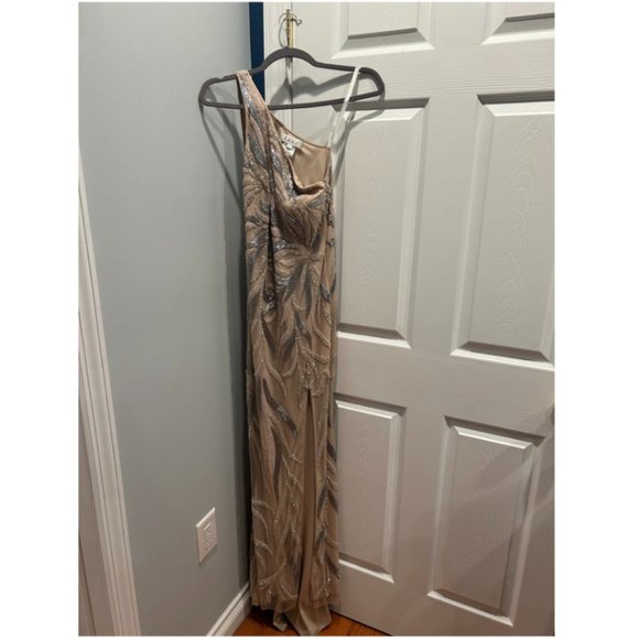 Aidan Mattox One Shoulder Beaded Slit Gown in Nude - Picture 6 of 6